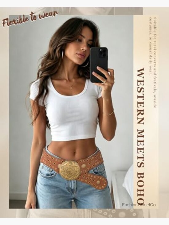 Wide Western Belt with Vintage Concho Buckle - Faux Leather main image 4